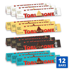 TOBLERONE Assorted Chocolate Bars Variety Pack (Milk, Dark, White, & Salted Caramelized Almonds), Bulk Chocolate, 12 - 3.52 oz Bars
