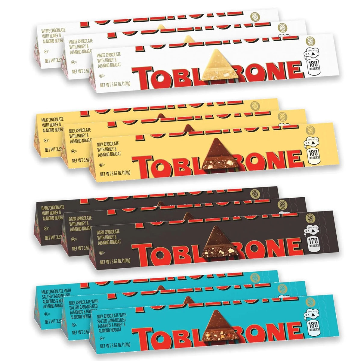 TOBLERONE Assorted Chocolate Bars Variety Pack (Milk, Dark, White, & Salted Caramelized Almonds), Bulk Chocolate, 12 - 3.52 oz Bars
